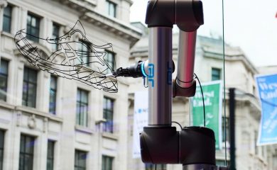 UR10 robot drawing trainers for window display of ASICS in Regent Street