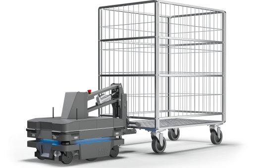 AMRs from MiR that fully automate the pick-up and towing of carts in production, logistics and healthcare