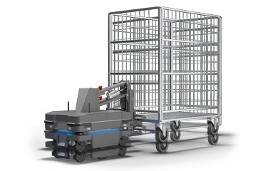 MiR250 and hook for fully automated pick-up and towing of carts in production, logistics and healthcare